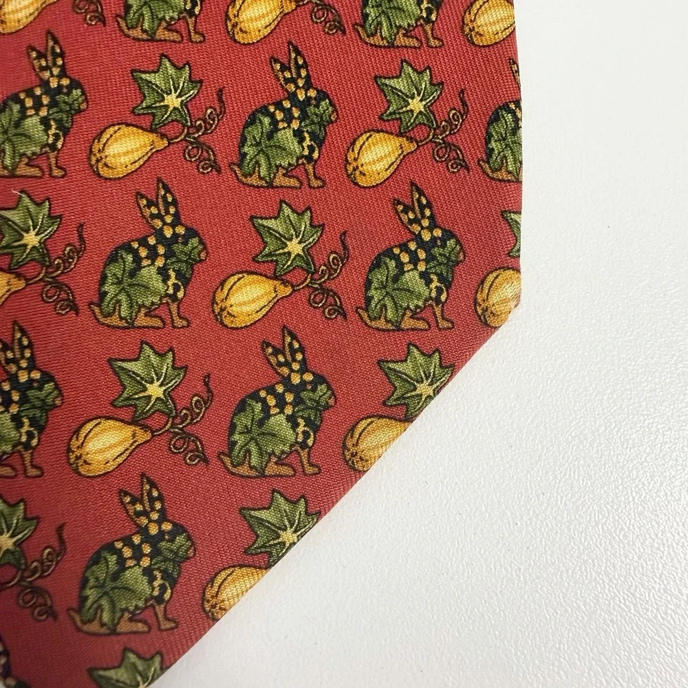 Salvatore Ferragamo Tie Rabbits & Pumpkins Autumn Leaves Red Silk 3 5/8